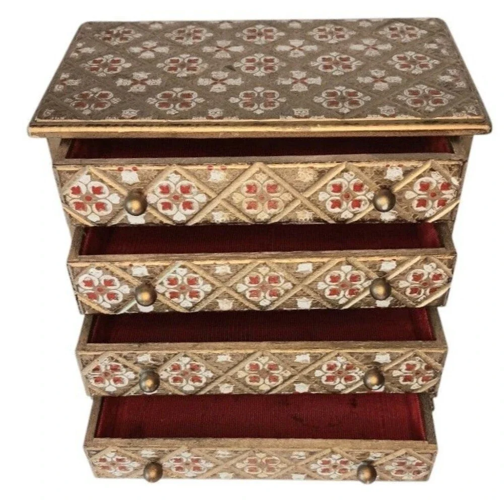 Vintage MELE Jewel Case Red & Gold Gilt Wood Jewelry Box Florentine Style Japan